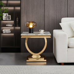 Side Table, Faux Marble Top, 22.8 Inch Square, White Top, Gold Base