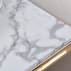 Side Table, Faux Marble Top, 22.8 Inch Square, White Top, Gold Base