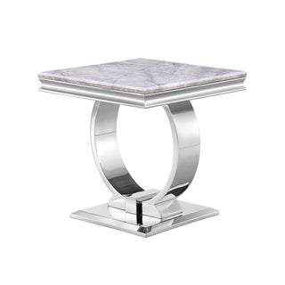 Side Table, Gray Faux Marble Top with Silver Stainless Steel Base