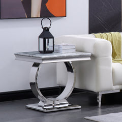 Side Table, Gray Faux Marble Top with Silver Stainless Steel Base