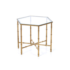 Side Table, Hexagonal Mirrored Glass Top with Gold Metal Base