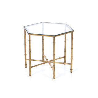 Side Table, Hexagonal Mirrored Glass Top with Gold Metal Base