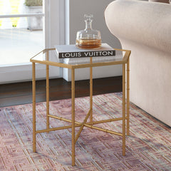 Side Table, Hexagonal Mirrored Glass Top with Gold Metal Base