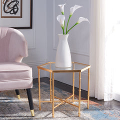 Side Table, Hexagonal Mirrored Glass Top with Gold Metal Base