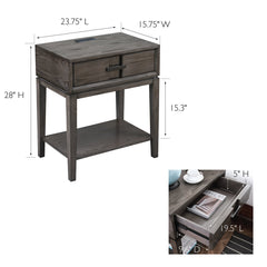 Side Table, Solid Oak with Drawer and USB Ports in Smoke Gray