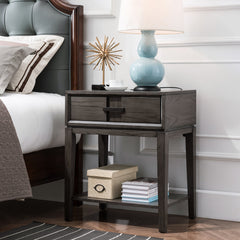 Side Table, Solid Oak with Drawer and USB Ports in Smoke Gray