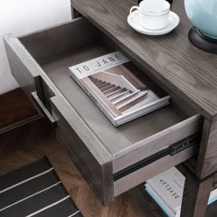 Side Table, Solid Oak with Drawer and USB Ports in Smoke Gray