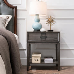 Side Table, Solid Oak with Drawer and USB Ports in Smoke Gray