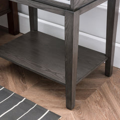 Side Table, Solid Oak with Drawer and USB Ports in Smoke Gray