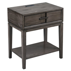 Side Table, Solid Oak with Drawer and USB Ports in Smoke Gray