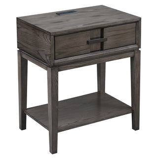 Side Table, Solid Oak with Drawer and USB Ports in Smoke Gray