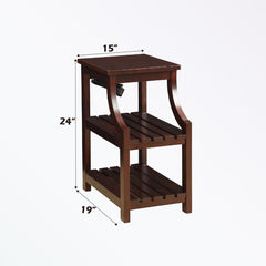 Side Table with 2 Shelves and USB Charging Dock in Espresso