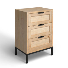 Side Table with 3 Rattan Panel Drawers and Black Iron Base