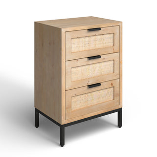 Side Table with 3 Rattan Panel Drawers and Black Iron Base