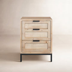 Side Table with 3 Rattan Panel Drawers and Black Iron Base