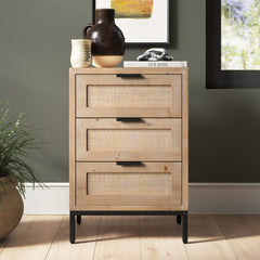 Side Table with 3 Rattan Panel Drawers and Black Iron Base