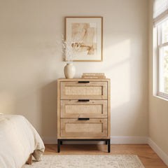 Side Table with 3 Rattan Panel Drawers and Black Iron Base