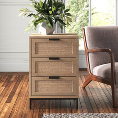 Side Table with 3 Rattan Panel Drawers and Black Iron Base