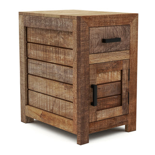 Side Table with One Drawer and One Door, Natural Wood Top with Brown Base