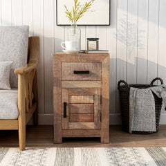Side Table with One Drawer and One Door, Natural Wood Top with Brown Base
