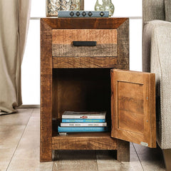 Side Table with One Drawer and One Door, Natural Wood Top with Brown Base