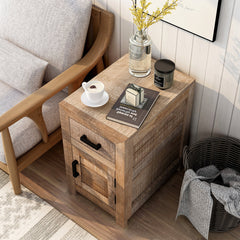 Side Table with One Drawer and One Door, Natural Wood Top with Brown Base