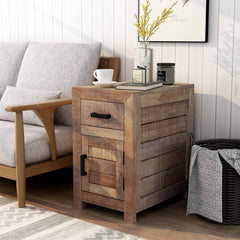 Side Table with One Drawer and One Door, Natural Wood Top with Brown Base