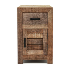 Side Table with One Drawer and One Door, Natural Wood Top with Brown Base