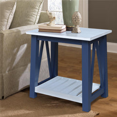 Side Table with Shelf, Solid Wood, Antiqued Chalk and Blue