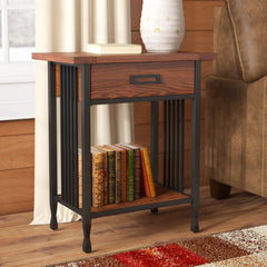 Side Table with Solid Wood Top and Metal Frame in Burnished Oak