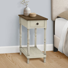 Side Table with Storage Drawer, Walnut Top with Beige Base