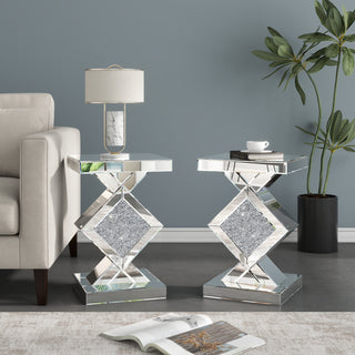 Side Tables, Set of 2, Silver Glass with Silver Pedestal Base