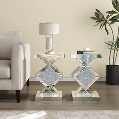 Side Tables, Set of 2, Silver Glass with Silver Pedestal Base