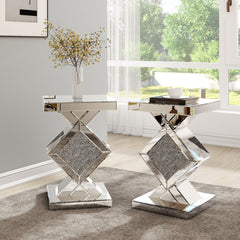 Side Tables, Set of 2, Silver Glass with Silver Pedestal Base