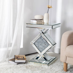 Side Tables, Set of 2, Silver Glass with Silver Pedestal Base