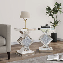 Side Tables, Set of 2, Silver Glass with Silver Pedestal Base