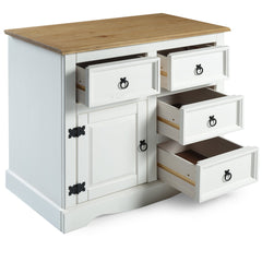 Sideboard, 1 Door and 4 Drawers, Solid Pine Wood, White Wash