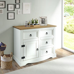 Sideboard, 1 Door and 4 Drawers, Solid Pine Wood, White Wash