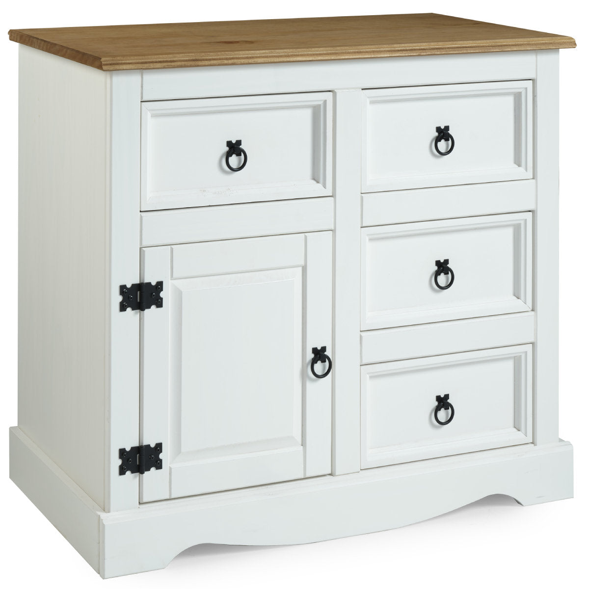 Sideboard, 1 Door and 4 Drawers, Solid Pine Wood, White Wash