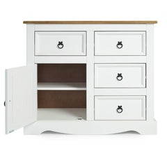 Sideboard, 1 Door and 4 Drawers, Solid Pine Wood, White Wash