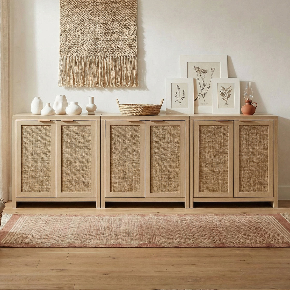 Sideboard, 2 Doors, Light Oak with Rattan Accents