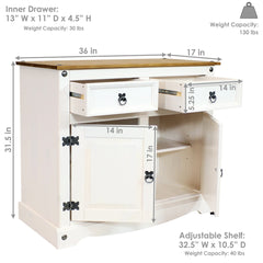 Sideboard, 2 Drawers and 2-Door Cabinet, Solid Wood, 36 Inch Wide