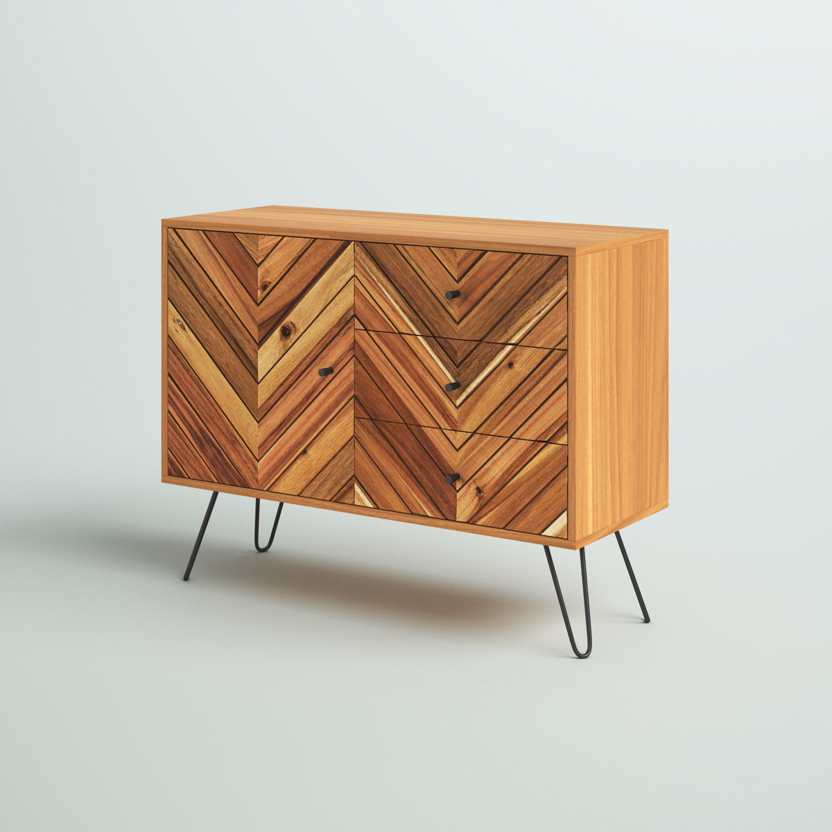 Sideboard, 3 Drawers, Rich Oak and Black with Metal Legs
