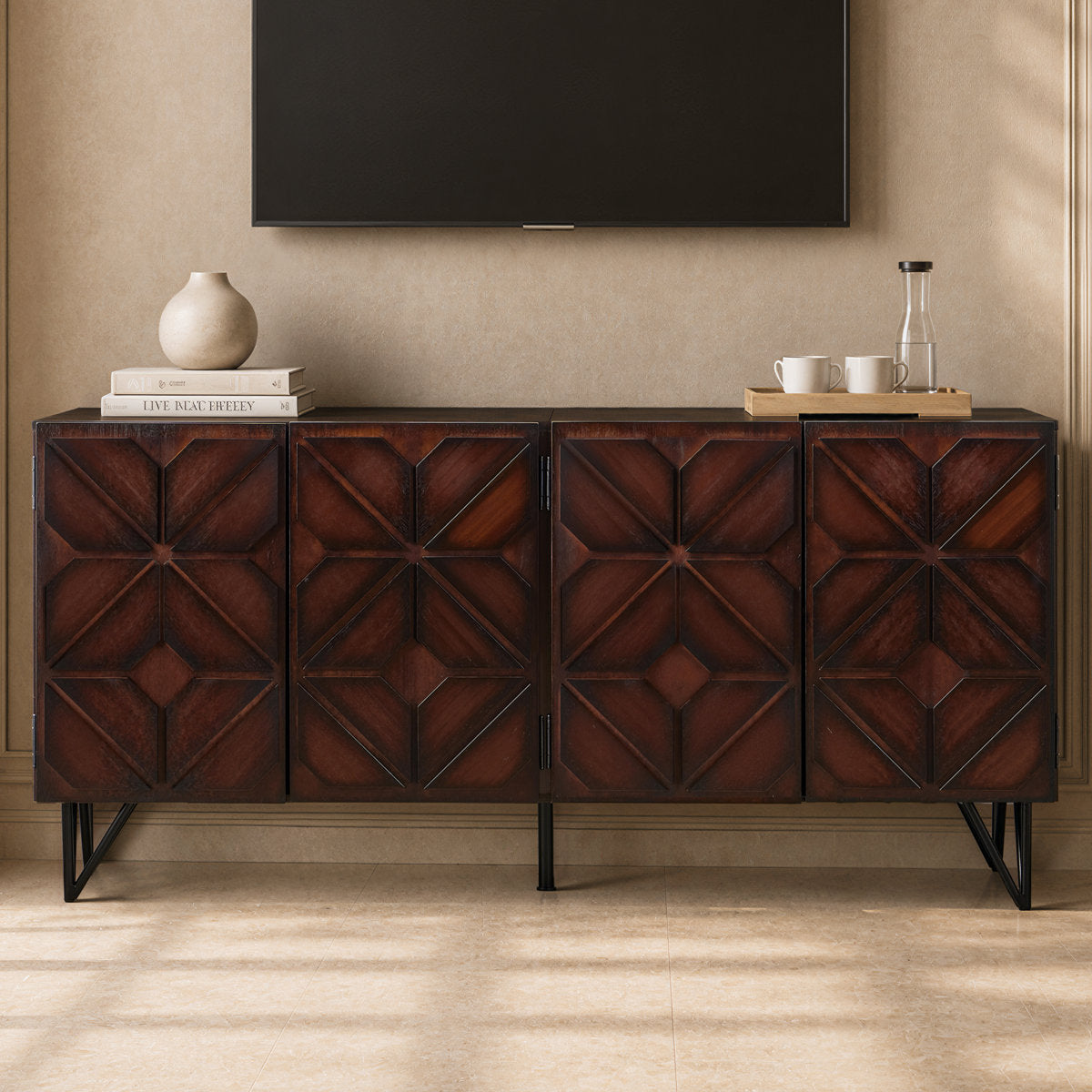 Sideboard, 4-Door Solid Acacia Wood with Metal Legs, Walnut