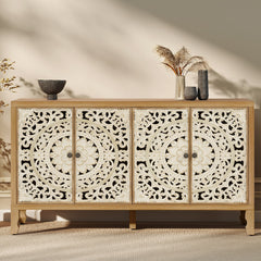 Sideboard, 4 Doors, Manufactured Wood in Natural Brown and White