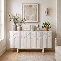 Sideboard, 4 Doors, Solid and Manufactured Wood, 62.99 Inch Wide, Cream