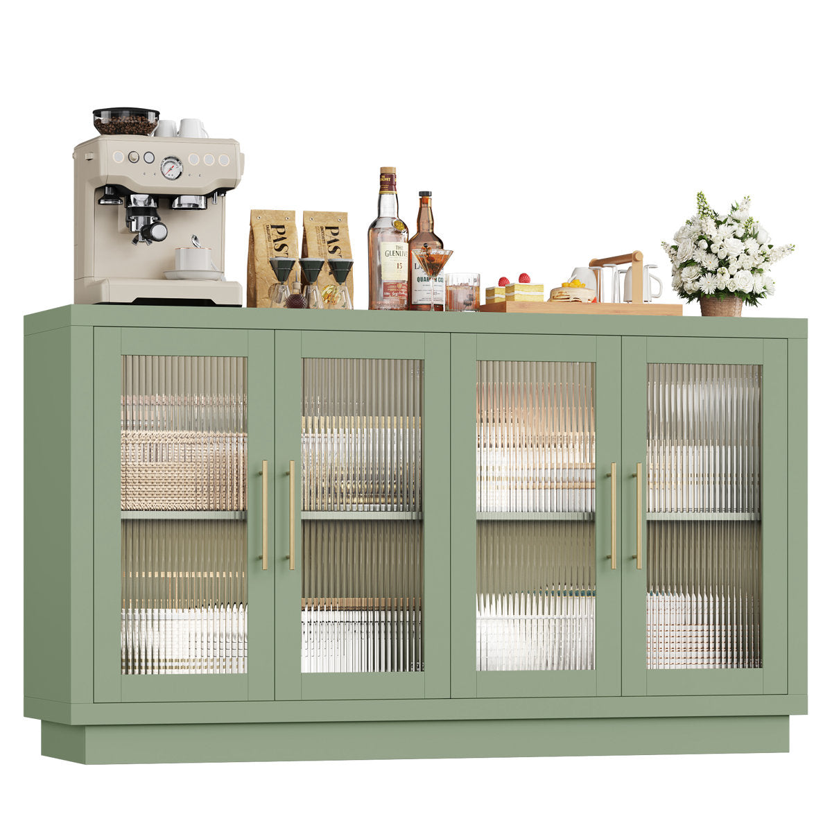 Sideboard, 4 Glass Doors, Manufactured Wood, Gold-Tone Hardware, Green