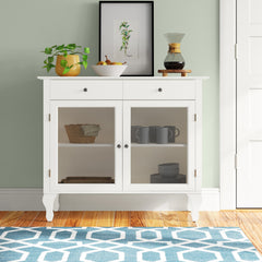 Sideboard, 42 in Wide, Antique White with Glass Doors