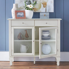 Sideboard, 42 in Wide, Antique White with Glass Doors