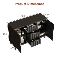 Sideboard, 47.2 in W, Black Manufactured Wood with Fluted Panels